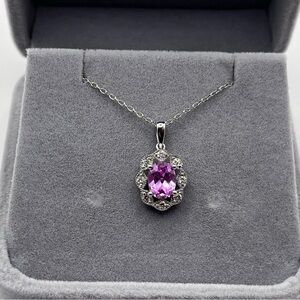 1.25 CT Oval Cut Pink Sapphire and .30 CT Diamond Necklace 925 Sterling Silver